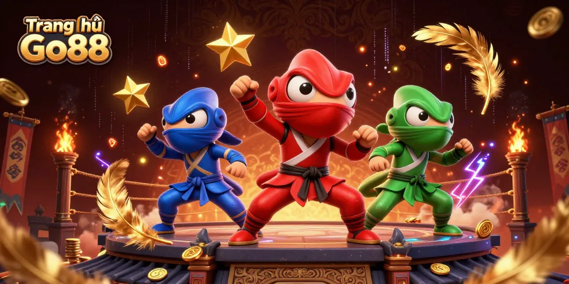 Experience the thrill of gaming action at Trang chủ Go88 with vibrant 3D ninja chameleons in a dynamic casino scene.