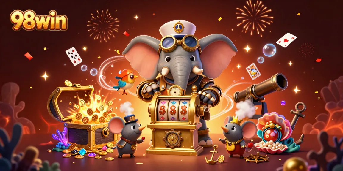 Engage with the exciting 98win underwater treasure quest featuring a steampunk elephant engineer and golden slot machines.