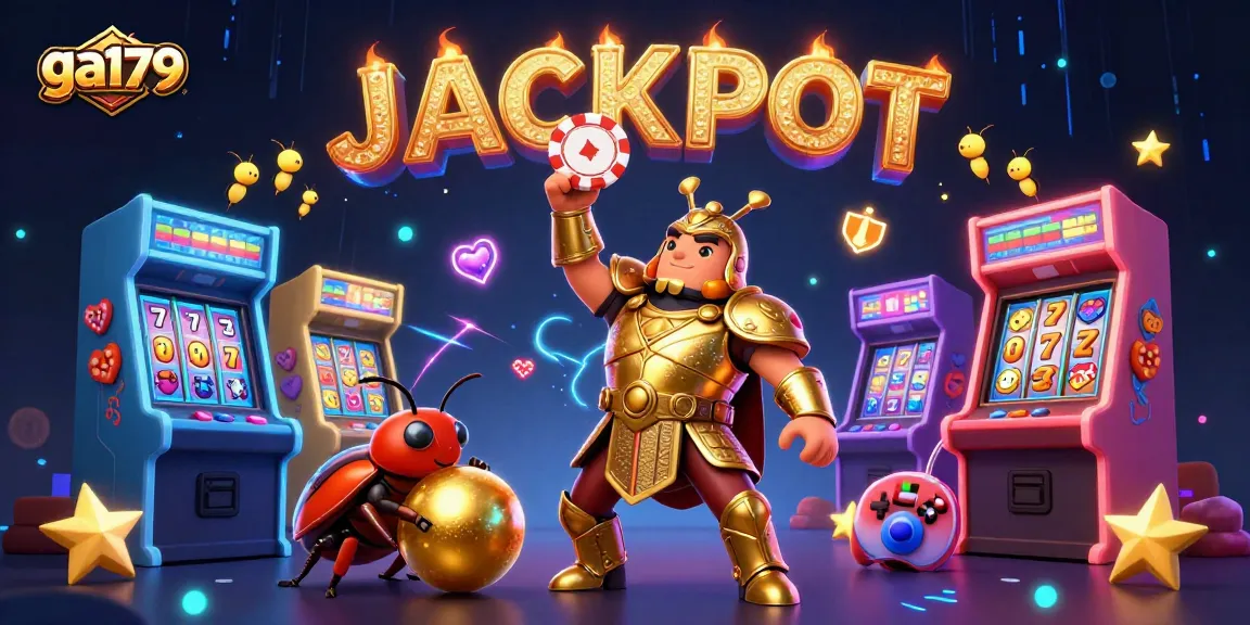Experience ga179 with a heroic beetle triumphing in a vibrant casino scene filled with jackpot symbols.