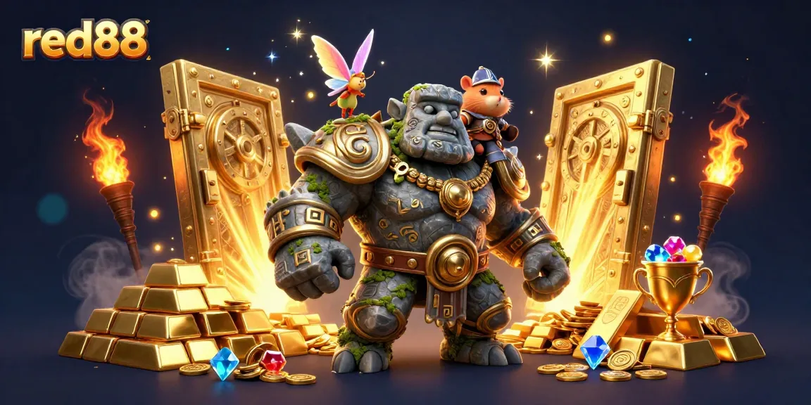 Join the excitement with red88, animated casino characters revealing treasures and magic, showcasing winning opportunities.