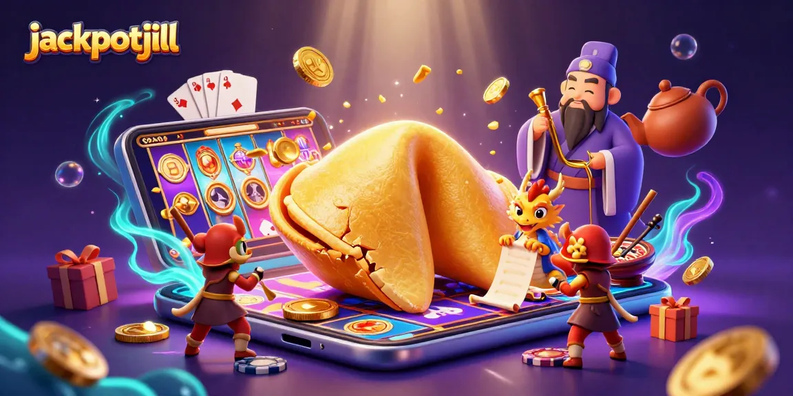 Engage with jackpotjill's vibrant 3D illustration showcasing fortune cookie and dragon, rich casino elements.