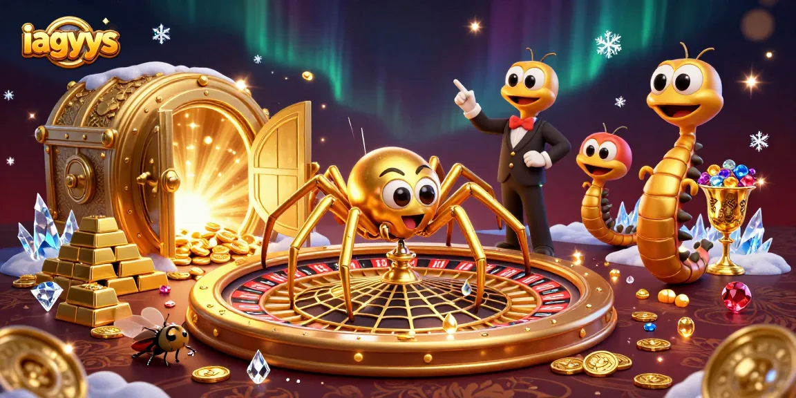 iagyys spins a thrilling roulette web as a colorful gambling scene unfolds with vibrant treasures.